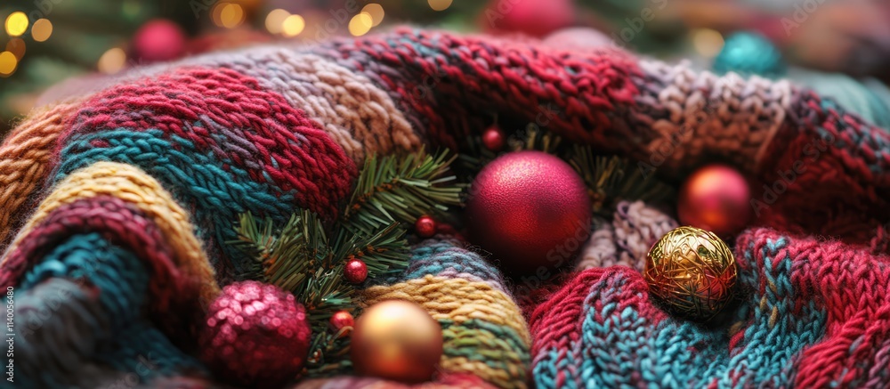 Obraz premium Vibrant knitted blanket adorned with Christmas ornaments and garland creating a cozy festive atmosphere