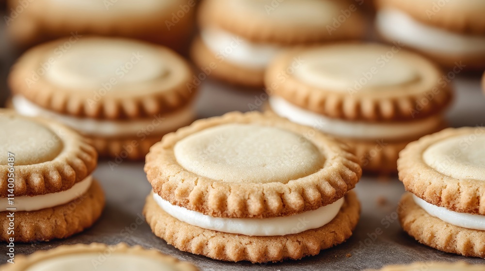 Closeup of delicious cream filling cookies on a baking sheet showcasing their texture and irresistible appeal. Closeup of delicious cream filling cookies on a baking sheet showcasing their texture and irresistible appeal.