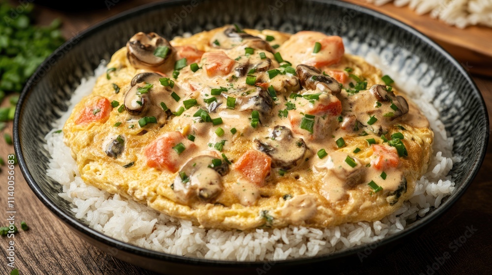 Savory Creamy Omelet with Mushrooms and Vegetables served over Fluffy White Rice in a Rustic Bowl Savory Creamy Omelet with Mushrooms and Vegetables served over Fluffy White Rice in a Rustic Bowl