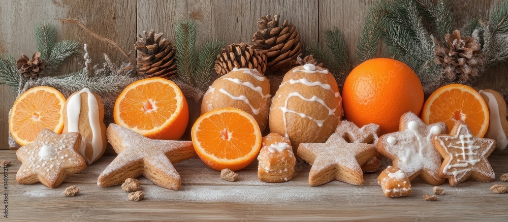 Christmas still life featuring gingerbread cookies, mandarins, and festive decorations on a rustic wooden background. Christmas still life featuring gingerbread cookies, mandarins, and festive decorations on a rustic wooden background.
