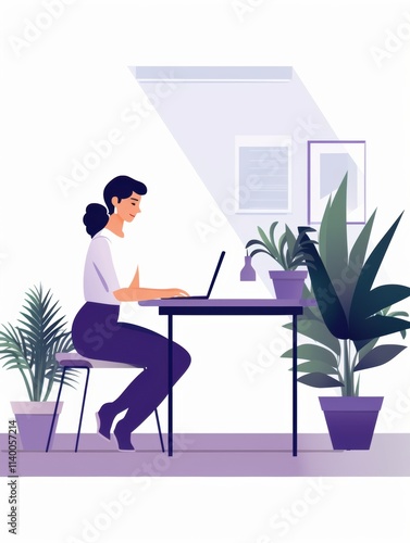 office illustration Woman Working on Laptop in a Bright Indoor Environment