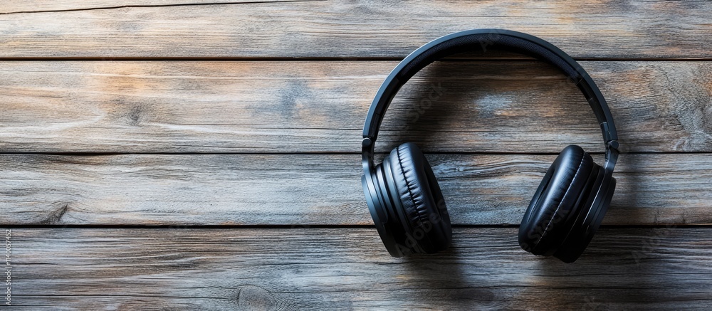 Large vinyl record and black headphones arranged on rustic wooden surface for a nostalgic music listening experience Large vinyl record and black headphones arranged on rustic wooden surface for a nostalgic music listening experience
