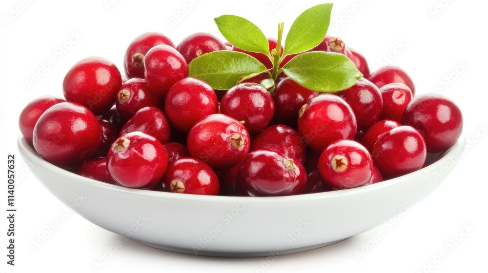 Fresh Cranberries in a White Bowl with Green Leaves on a Bright Background Healthy Food Concept Fresh Cranberries in a White Bowl with Green Leaves on a Bright Background Healthy Food Concept