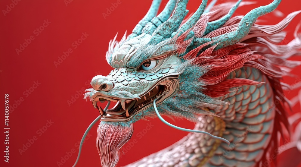 A red background with an Oriental dragon painted in turquoise and blue, close-up of the head A red background with an Oriental dragon painted in turquoise and blue, close-up of the head