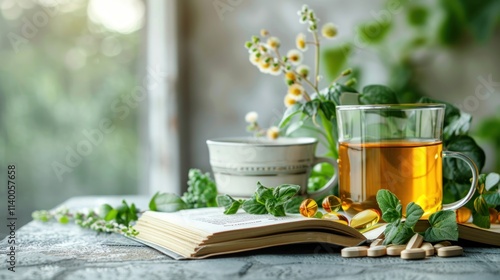 Herbal Tea, Supplements, and Open Book: A Serene Wellness Scene