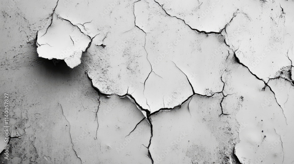 Fototapeta premium Cracked and peeling white paint textures on aged concrete wall with detailed surface imperfections for artistic backgrounds