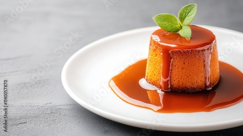 Caramel Flan Dessert with Mint Leaf on a White Plate photo