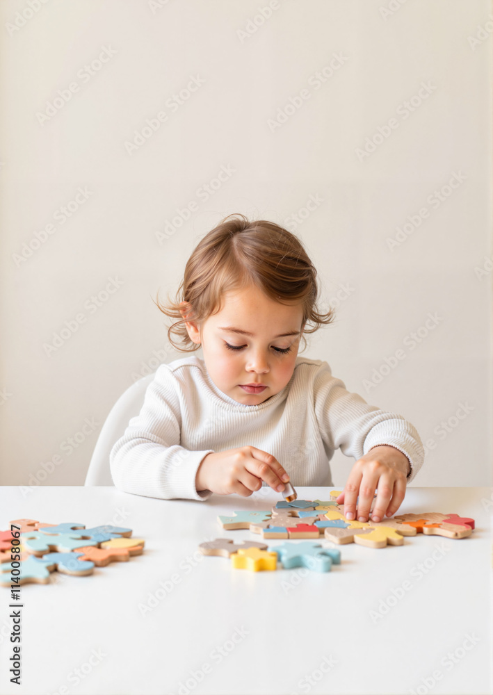 Young child focused on playing with colorful puzzle pieces Young child focused on playing with colorful puzzle pieces