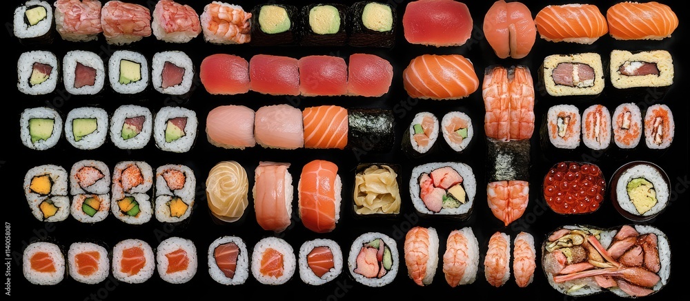 Assortment of premium sushi rolls nigiri and sashimi showcasing fresh salmon tuna and other seafood delicacies on a black background Assortment of premium sushi rolls nigiri and sashimi showcasing fresh salmon tuna and other seafood delicacies on a black background
