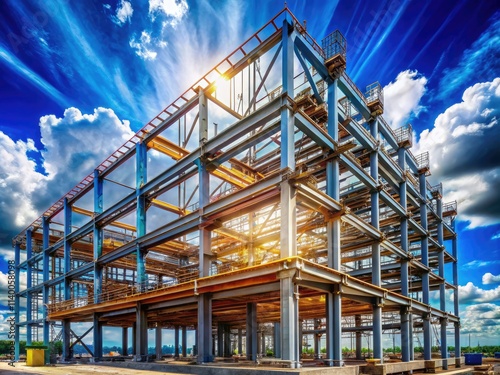 A breathtaking daytime shot: steel construction against a vibrant blue sky, clouds adding drama.