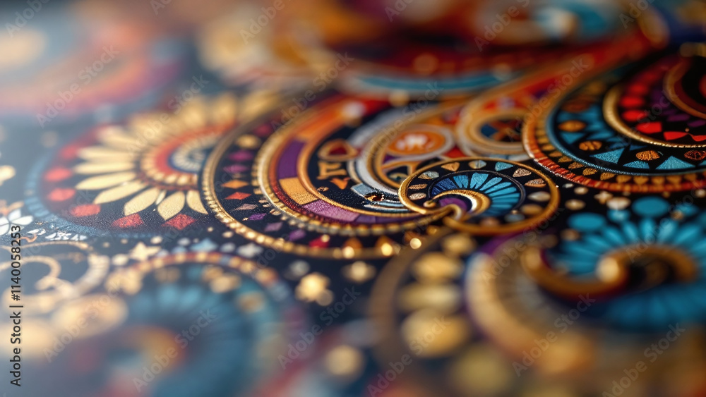 Intricate music banner with vibrant patterns and golden accents against a dark background. Intricate music banner with vibrant patterns and golden accents against a dark background.