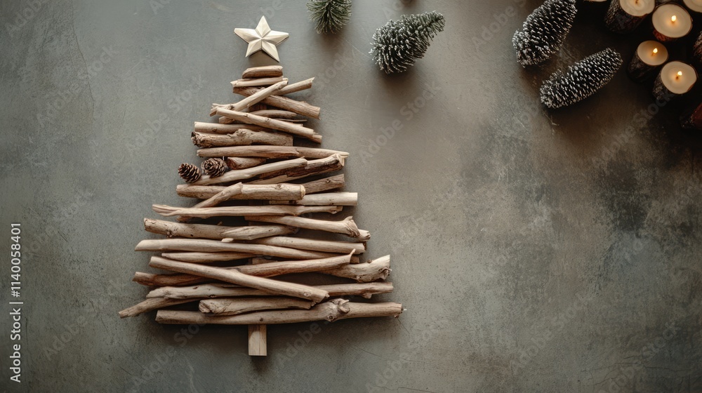 Fototapeta premium Rustic wooden Christmas tree arrangement on tabletop with pinecones and candles for festive holiday decor and aesthetic design inspiration