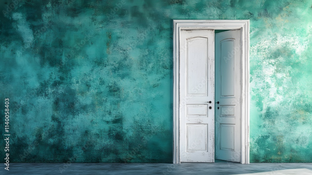 An open white door in a teal textured wall with a concrete floor.