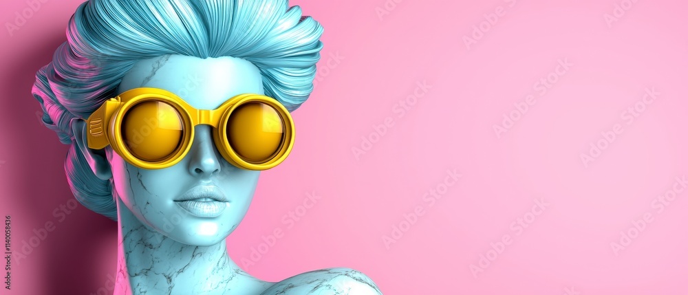 Fototapeta premium Stylish Marble Statue Woman in Yellow Sunglasses on Pink