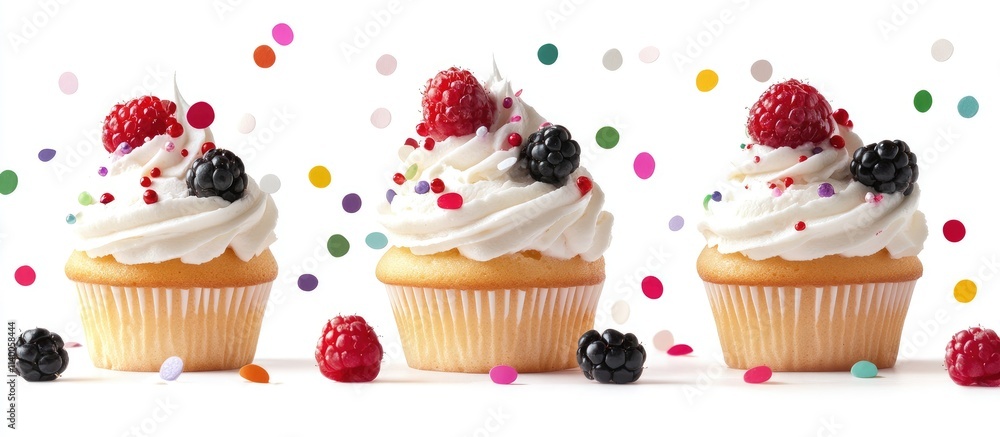 Colorful cupcakes topped with whipped berry cream and fresh berries on a white background with scattered confetti for festive celebrations Colorful cupcakes topped with whipped berry cream and fresh berries on a white background with scattered confetti for festive celebrations
