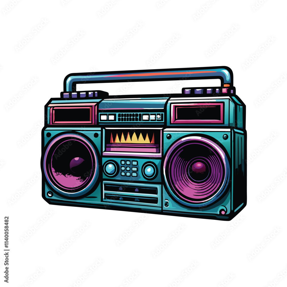 Design a vibrant 80s-style boombox with a futuristic, gradient color scheme. Emphasize sharp angles and bold lines. Design a vibrant 80s-style boombox with a futuristic, gradient color scheme. Emphasize sharp angles and bold lines.