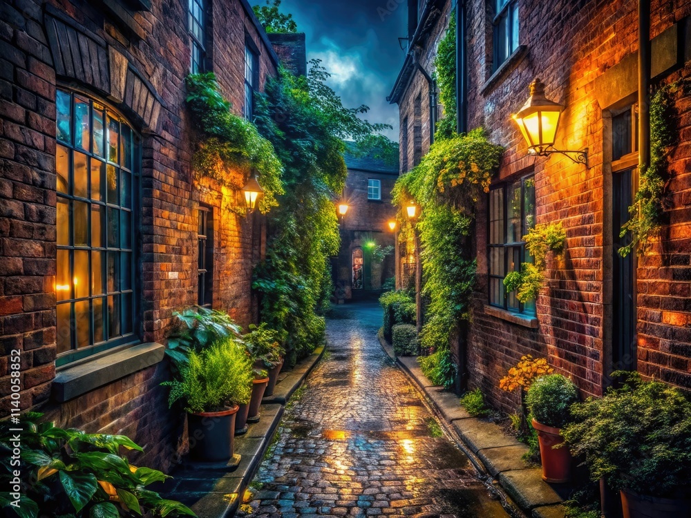 Fototapeta premium A dark, atmospheric alleyway in Britain: cobblestones and low light capture a hidden passage's urban exploration mystery.