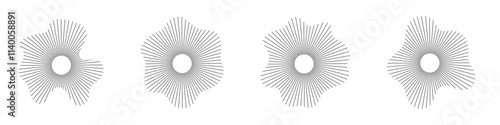 Circular sound waves, depicting audio music, round symbols of voice, icons and logos for equalizers, radial spectrum designs, ring patterns. Flat vector illustrations isolated on white background.