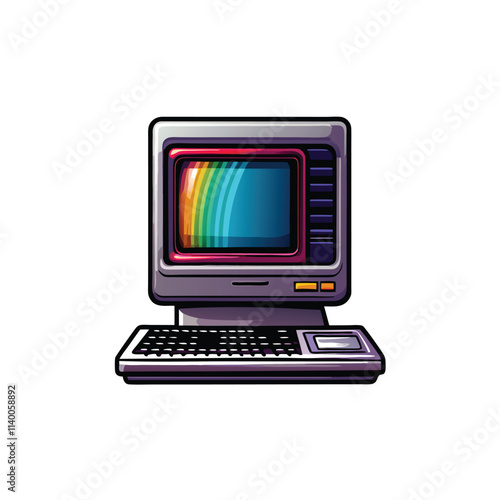 A detailed image of a beige 90s desktop computer, featuring a visibly pixelated screen displaying a simple geometric pattern. Show the bulky CRT monitor and keyboard.