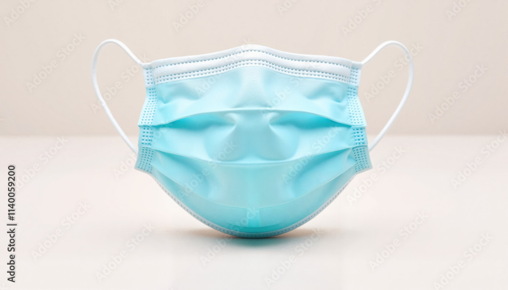 Blue face mask standing upright on a beige background Blue face mask standing upright on a beige background