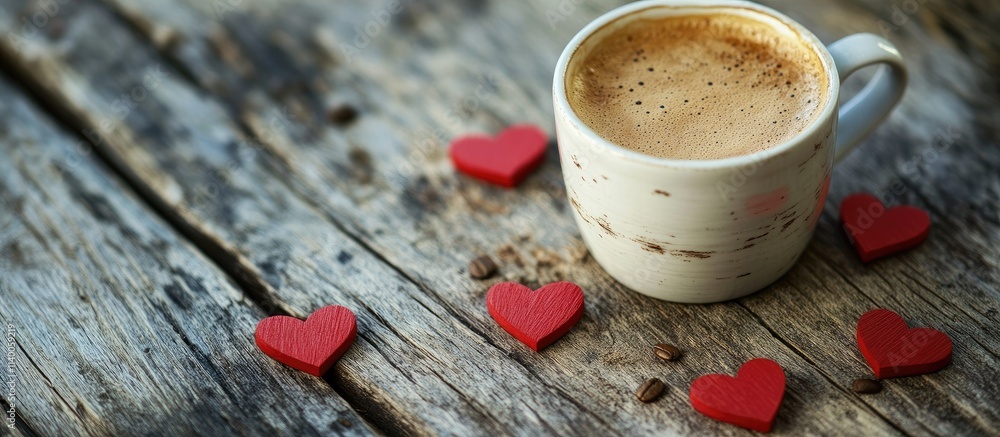 Coffee cup surrounded by red heart shapes on rustic wooden table creating a warm and romantic atmosphere for coffee lovers Coffee cup surrounded by red heart shapes on rustic wooden table creating a warm and romantic atmosphere for coffee lovers
