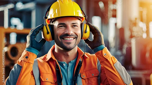 Smiling Construction Worker Wearing Safety Helmet, Headphones, and Protective Gear at Industrial Site

 photo