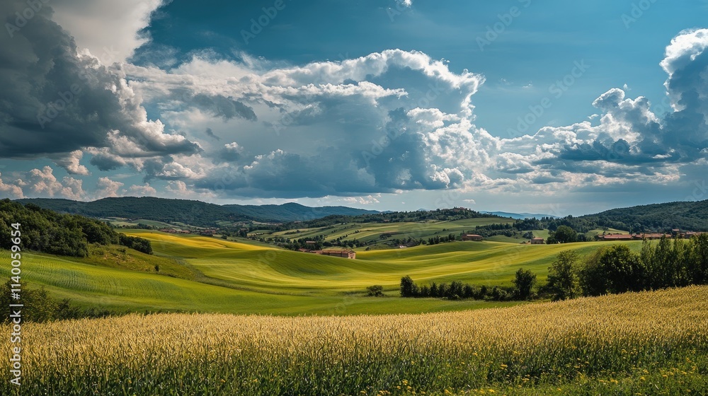 Obraz premium Lush green hills under a dramatic cloudy sky with sunlight breaking through the clouds on a vibrant day