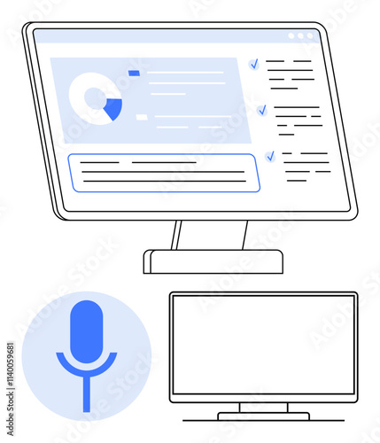 Business computer displaying screen with pie chart, checklist, and document. Microphone icon and blank monitor below. Ideal for presentations, webinars, training, podcasts, online meetings content