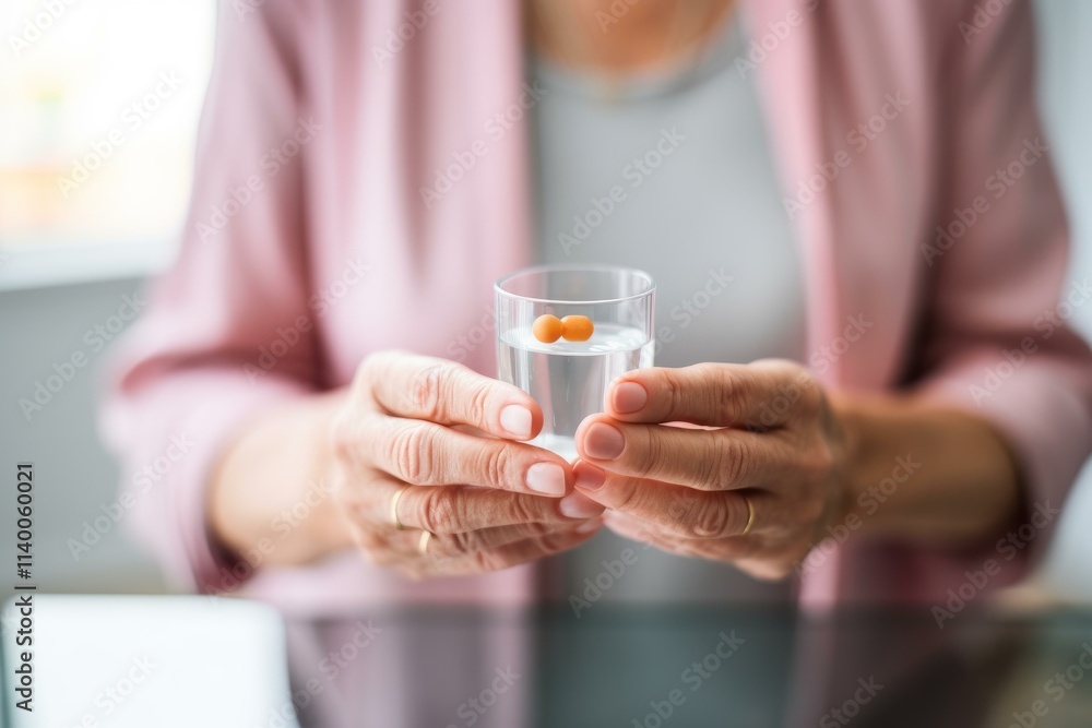 Close up of wrinkled hands holding a glass of water with an effervescent tablet dissolving Close up of wrinkled hands holding a glass of water with an effervescent tablet dissolving