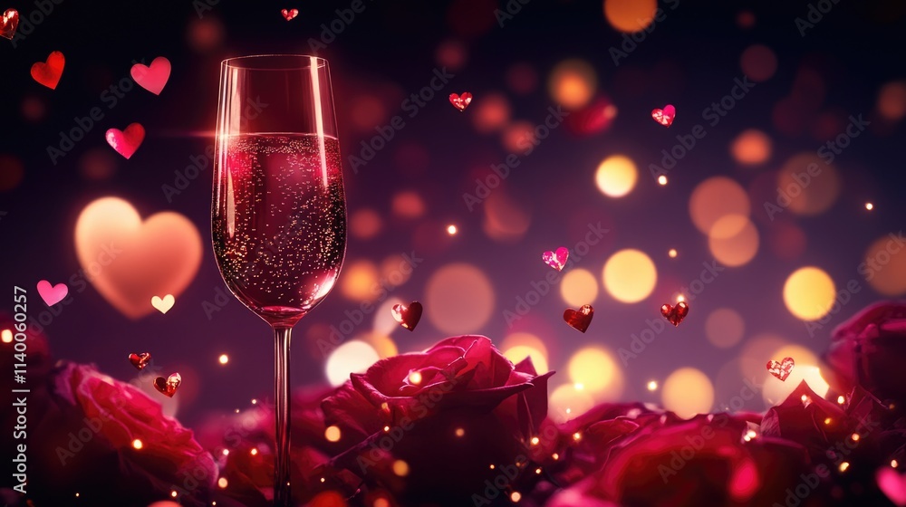 Romantic champagne toast with roses and heart-shaped bokeh in soft lighting. The 14th of February. Happy Valentine's Day Romantic champagne toast with roses and heart-shaped bokeh in soft lighting. The 14th of February. Happy Valentine's Day