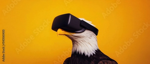 Bald Eagle Experiencing Virtual Reality in Stunning Yellow Background photo