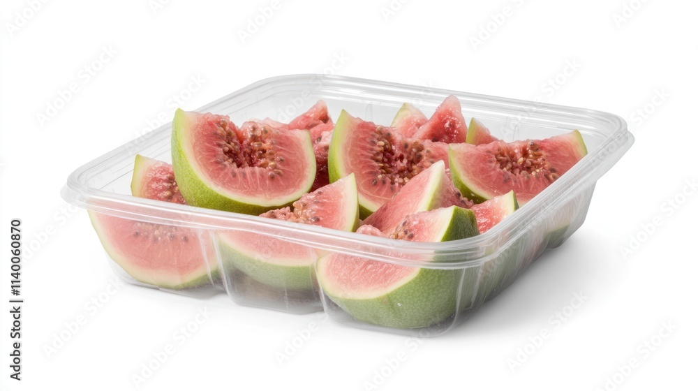 A clear plastic container filled with fresh, sliced watermelon pieces. A clear plastic container filled with fresh, sliced watermelon pieces.