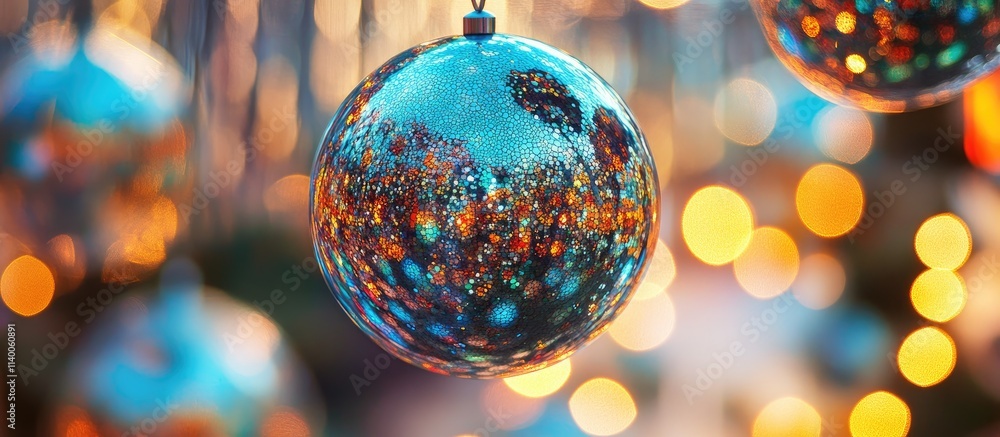 Obraz premium Close up view of reflective Christmas ornaments with colorful bokeh lights in the background creating a festive atmosphere.