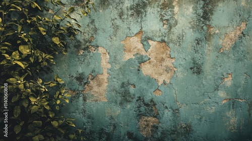 Weathered blue cement wall with cracks and peeling paint alongside green foliage creating a rustic and vintage ambiance. photo