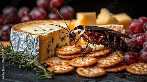 Cockroach Exploring Elegant Gourmet Cheese Platter Highlighting Luxury Food s Vulnerability to Pests photo