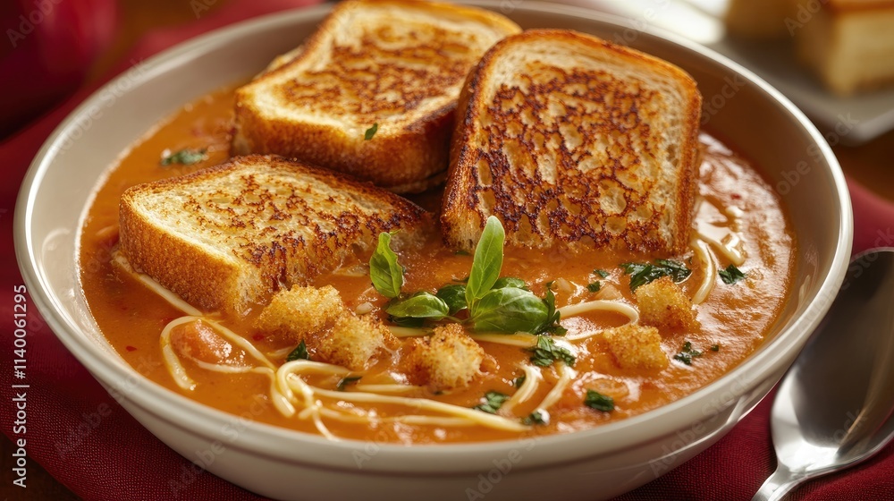 Creamy tomato soup garnished with croutons served alongside crispy grilled cheese sandwiches on a warm table setting Creamy tomato soup garnished with croutons served alongside crispy grilled cheese sandwiches on a warm table setting