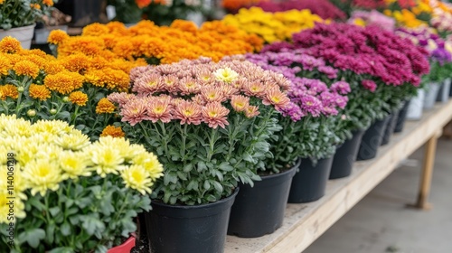 Fototapeta Naklejka Na Ścianę i Meble -  Vibrant autumn display of various chrysanthemum flowers showcasing orange and purple varieties in potted arrangements at a garden center