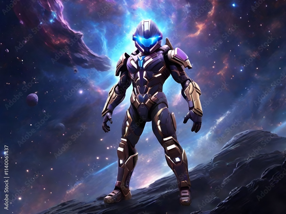 Illustration of cyborg alien warrior in space Illustration of cyborg alien warrior in space