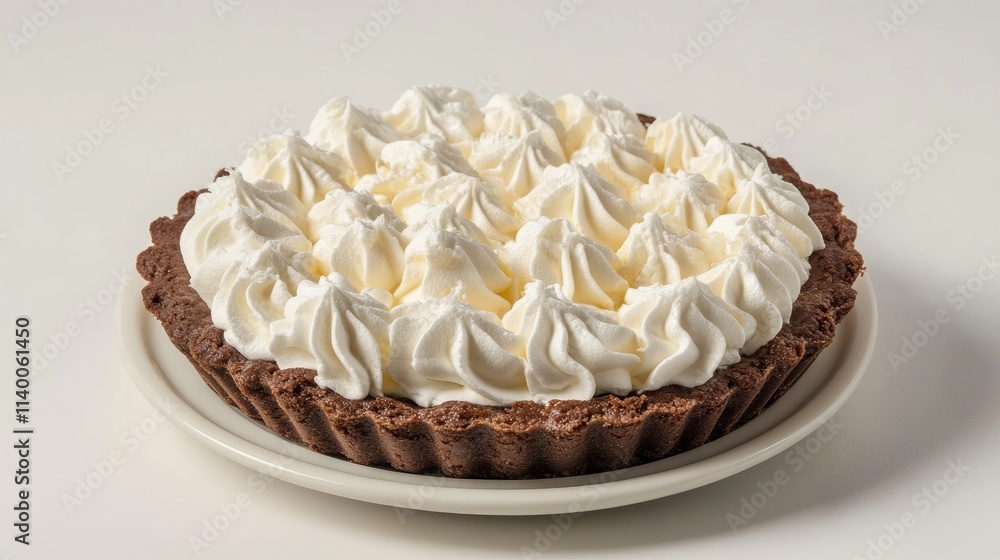 Chocolate Sponge Cake topped with Whipped Cream Garnish on a White Plate Classic Dessert Presentation for Culinary Photography Chocolate Sponge Cake topped with Whipped Cream Garnish on a White Plate Classic Dessert Presentation for Culinary Photography