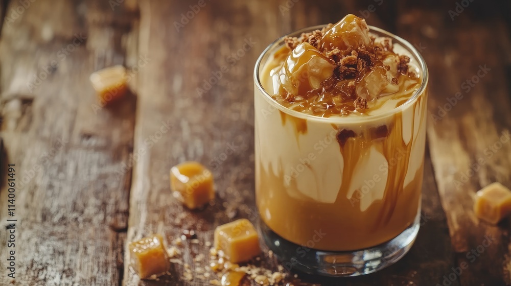 Creamy coffee liqueur with caramel sauce and ice cubes styled on rustic wooden table background Creamy coffee liqueur with caramel sauce and ice cubes styled on rustic wooden table background