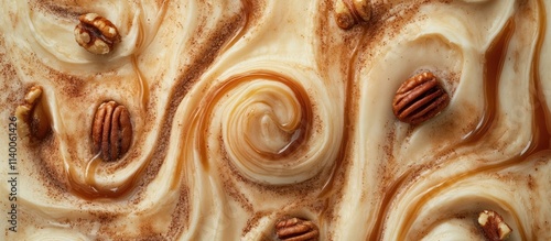 Pumpkin nut caramel cinnamon rolls with cream icing overhead view showcasing sweet homemade pastry and rich textures in close up photo