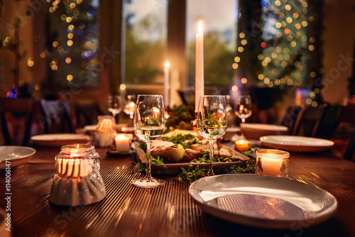 mesa con copas de vino y buena comida, preparada para navidad, con velas y colores cálidos