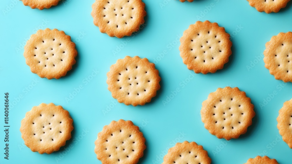 Crispy cracker cookies arranged in a pleasing pattern on a soft blue pastel background showcasing a delightful snack concept Crispy cracker cookies arranged in a pleasing pattern on a soft blue pastel background showcasing a delightful snack concept