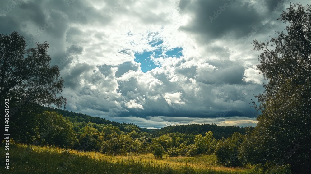 Fototapeta premium Dramatic Cloud Formation Over Lush Highlands Landscape with Greenery and Trees