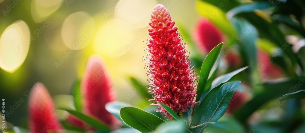 Vibrant closeup of a red flower amidst lush green leaves showcasing nature's beauty and intricate details in soft focus Vibrant closeup of a red flower amidst lush green leaves showcasing nature's beauty and intricate details in soft focus