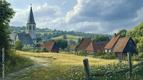 Scenic rural landscape featuring a church, traditional oast houses, and lush fields under a dramatic sky