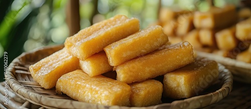 Deppa Tori traditional snack from Sulawesi made with brown sugar and rice flour served in a woven basket close-up view photo