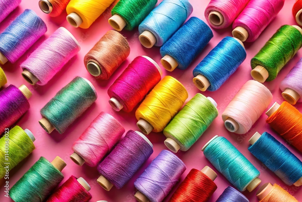 Colorful Sewing Threads Diagonal on Pink Fabric - High Resolution Colorful Sewing Threads Diagonal on Pink Fabric - High Resolution