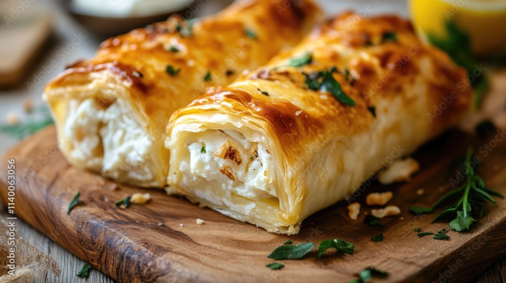 Cream filled pastry rolls on a wooden board with herbs and a rustic background showcasing delicious homemade dessert appeal. Cream filled pastry rolls on a wooden board with herbs and a rustic background showcasing delicious homemade dessert appeal.