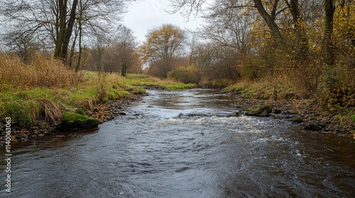 Environmental pollution with waste discharge into river waters surrounded by autumn foliage creating a contrast of nature and pollution.